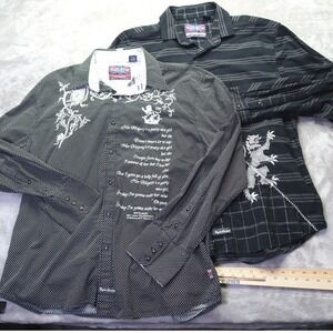 Lot of 2‎ English Laundry Men's XXL Black Embroidered Graphic Button Down Shirts